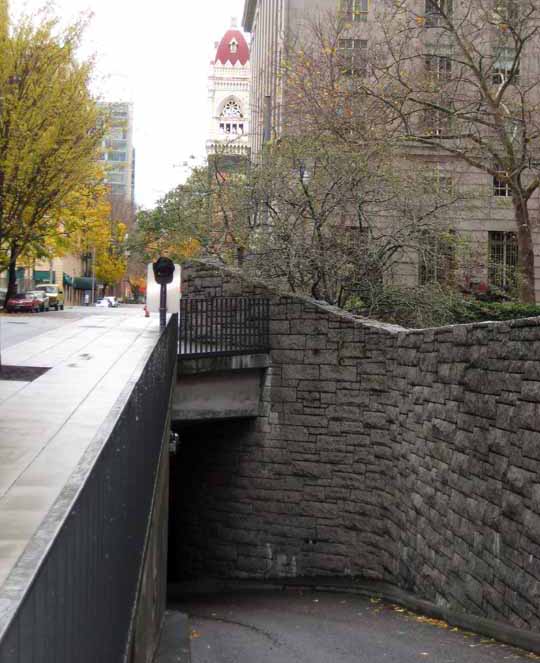 Rock walled parking garage entrance
